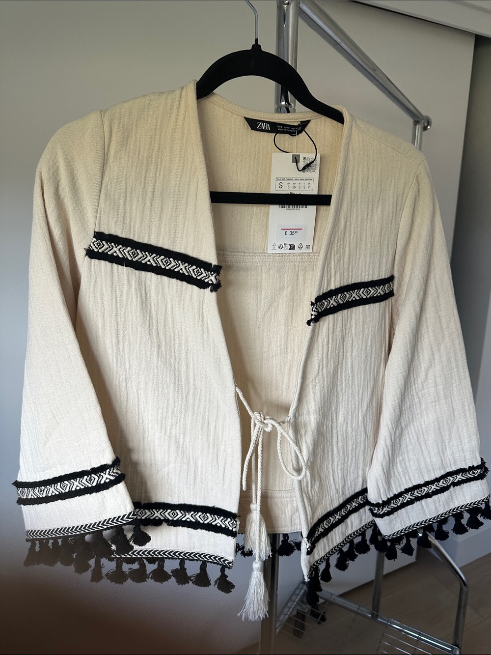 Zara Cream Open Jacket with Black Embroidered Trim